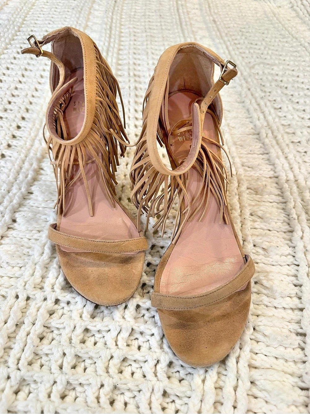 Stuart Weitzman Fringe Suede Heels in Brown